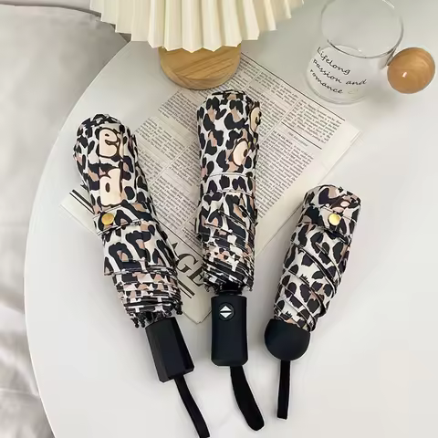 totes Automatic Open Close Water-Resistant Travel Folding Umbrella with Sun Protection, Leopard Spot
