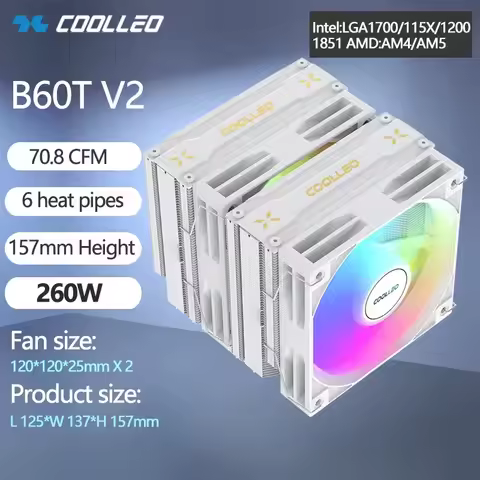 COOLLEO B60T V2 Air-cooled Radiator 6 Heat pipe Double Towers Double Fans CPU Cooler For LGA1700 115