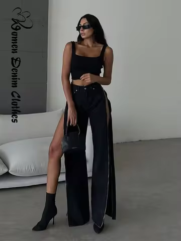 Y2K Two Side Zipper Design Jeans For Women Wide Leg Straight Buggy Long Pants 2025 Spring Summer Str