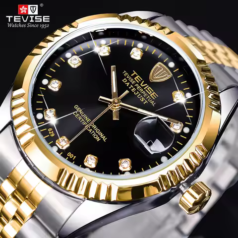 TEVISE Luxury Brand Diamond Gold Black Fashion Watch Stainless Steel Automatic Mechanical Clock Cale