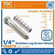 TGC 10PCS 1/4 x 1 1/4~4in. STAINLESS Lag Screw with Expansion Shield | SUS Lagscrew with Shield Expansion | Anchor Bolt for Concrete SS304 | Hollow Wall Anchor SS Lagscrew