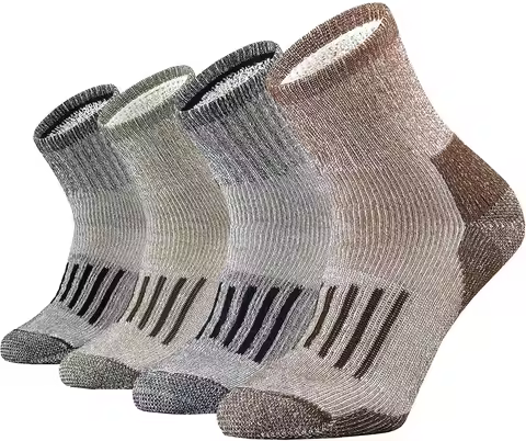 Men's Merino Wool Socks Moisture Wicking Outdoor Thicken Warm Hiking Heavy Cushion Quarter Socks 4 P