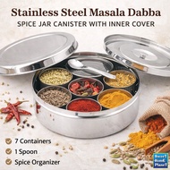 Stainless Steel Masala Dabba Spice Jar Canister with Inner Cover, 7 Containers & Spoon Anjarai Petti