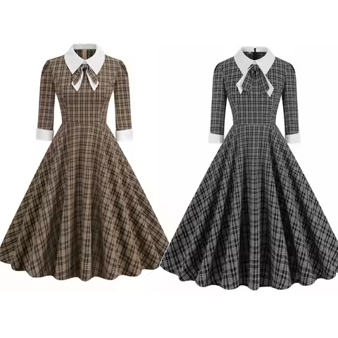 Women Vintage Plaid Dress With Bow Elegant Cocktail Party 1950s Swing Rockabilly Dress Audrey Hepbur