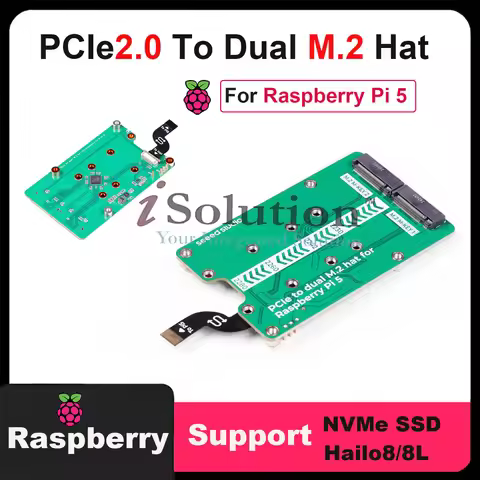 103110064 PCIe2.0 to dual M.2 hat for Raspberry Pi 5,Support NVMe SSD, Support Hailo8/8L, Google Cor