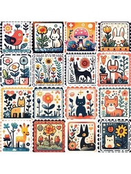 50入組卡通可愛的動物和植物復古風格郵票貼紙,可用於diy手機殼、筆記本電腦、水瓶、耐水裝飾貼紙