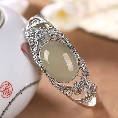 Vintage silver inlaid natural Hetian jade flower hollow bangles for women elegant ethnic style weddi