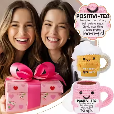 Cute Hand-Crocheted Tea Cup Ornament Pink Positive Teacup Yellow Don't Worry Beer Happy Energy Coffe