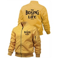 Men'S MA1 Pilot Jacket - Black Zip-Up Flight Coat with "NO BOXING LIFE" Graphic, Stand Collar, Long 
