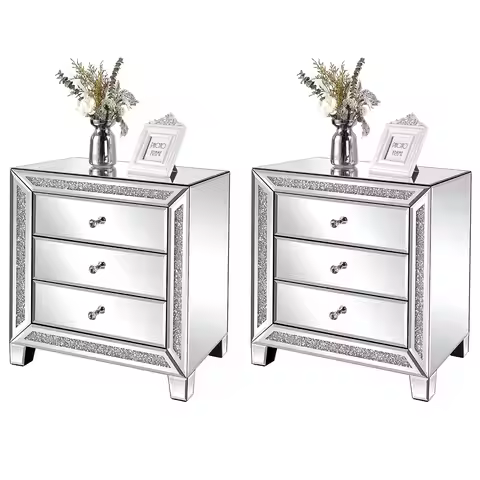 Mirrored Nightstand Set of 2, Glass Bedside Table 3 Drawers, Modern Silver Bedroom End Table, 23"W x