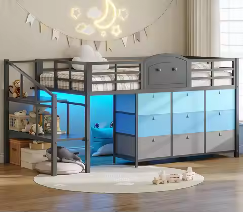 Low Loft Bed Twin Size with 9 Storage Drawers and LED Lights, Metal Twin Loft Bed with Stairway Shel