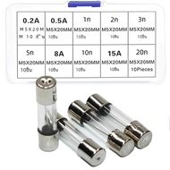 ชุดหลอดฟิวส์แก้วเป่าเร็วจำนวน100ชิ้นขนาด5x20มม. 250โวลต์10ค่าฟิวส์0.5A 1A 2A 3A 5A 6A 8A 10A 15A 20A