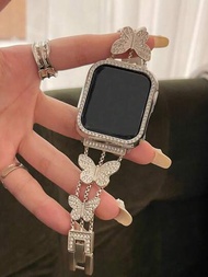 1條雙蝴蝶設計鑽石手鍊錶帶，適用於蘋果智能手錶，適用於Ultra/Se/8/7/6/5/4/3/2/1系列38/40/41/44/45/49mm