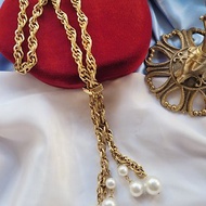 美國西洋古董飾品 / 金繩麻花珍珠流蘇球摩登項鍊/復古首飾