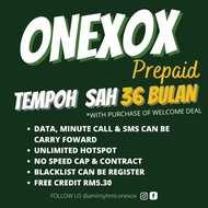 SIMKAD ONEXOX PREPAID VALIDITY 36 MONTHS/TEMPOH SAH 36 BULAN, UNLIMITED HOTSPOT &amp; HIGHSPEED INTERNET, WIDE COVERAGE