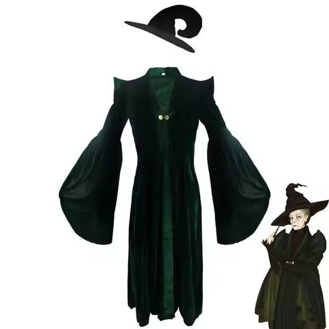 Minerva McGonagall Full Cosplay Set, Green Velvet Wizard Robe for Women Halloween