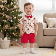 Xmas-Toddler Little Boy Christmas 2 Piece Gentleman Set Reindeer Snowflake Print Short Sleeve Bowtie