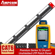 AMPCOM ชุดพรีเมี่ยม CAT6แผงกระจายสายไฟ24พอร์ตแร็คเมาท์-1U 19นิ้ว568B 568A อีเทอร์เน็ต RJ45ชุบทอง15u 