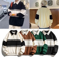 F15 Casual Sweatshirt POLO Shirt Baju Unisex Long Sleeve Streetwear Lapel Retro Patchwork Contrast C