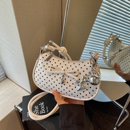 Black White Polka Dot Bow Crescent Bag | Silver Charms Zipper Y2K Crossbody Mini Purse For Women Beg