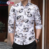 Cozy Up Summer Long Sleeve Batik Shirt for Men Print Floral Casual Lapel Men Slim Hawaiian Comfort