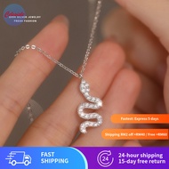 Hypoallergenic S999 Solid Silver Snake Shape & Inlaid Zircon Pendant Necklace Rantai Leher, Luxe Kor