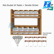 Tempat Bumbu Dapur 2 Susun 1 Set + Sendok Dan Sticker - Rak Gantung Kayu 2 Tingkat Serbaguna