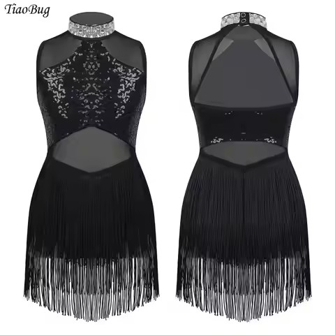 Kids Girls Tassel Jazz Latin Dance Leotards Dress Sequins Mesh Slip Ice Skating Dress Ballroom Samba