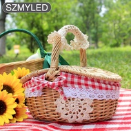 Oval Wicker Picnic Basket With Inner Lining Rattan Basket With Lids Handle For Party Barbecue Outdoo