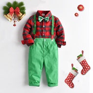 Toddler Boys Autumn 2Pcs Outfit Sets Long Sleeve Button Plaid Shirt + Green Suspender Pants