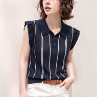 [Knitwear] POLO Collar Knitwear Ruffled Knitwear Small Flying Sleeve Knitwear Striped Knitwear Frenc