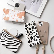 全機種對應 可旋轉式 長拉鍊化妝包 完整收納手機殼【動物紋】手機斜背帶 手機殼 縮紋皮革 支架功能 BS31K
