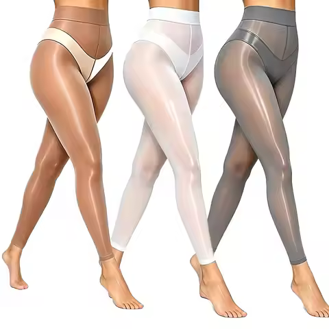 8D Plus Size S M L XL 2XL Oil Shiny Glossy Pantyhose Women Silk‑feel Cropped Pants White Coffee Pant