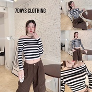 7days Clothing-Strip Top Off-Shoulder Long-Sleeved Shirt