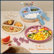 BEVAVAR 3IN1 Baby Feeding Set Set Makan Baby Silicone Dining Plate Set Training Short Spoon Fork Set