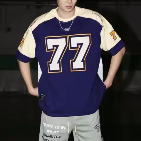 American Short-sleeved Retro Sports Casual Splicing Rugby Basketball T-shirt Hip-hop Jersey 77 Europ