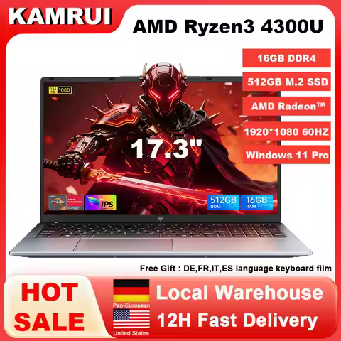 KAMRUI Laptop 17.3" Ultar Slim AMD Ryzen 3 4300U 16GB DDR4 512GB M.2 SSD Max 3.7GHz Radeon 4K 1920P 