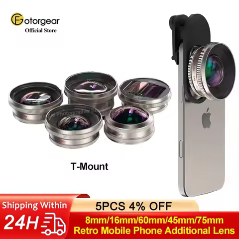 Fotorgear Retro T-Mount Mobile Phone External Lens,16mm Ultra Wide Angle,8mm Fisheye, 45mm/74mm Macr