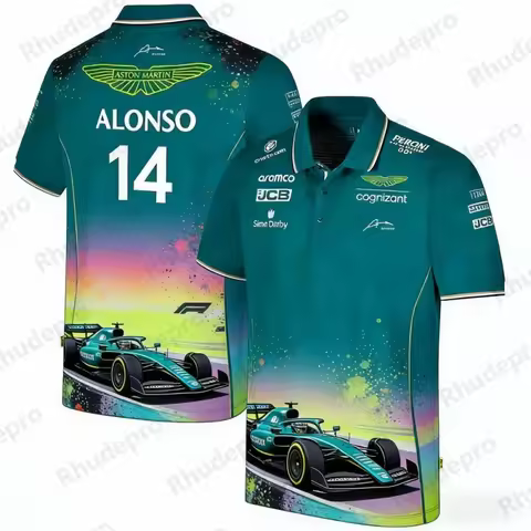 Aston Martin Team Alonso 14 F1 Racing Theme Polo Shirt Casual Sports Top for Summer Racing Fans