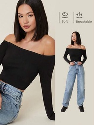 SHEIN X Antonella SHEIN BASICS 露肩實色合身短上衣