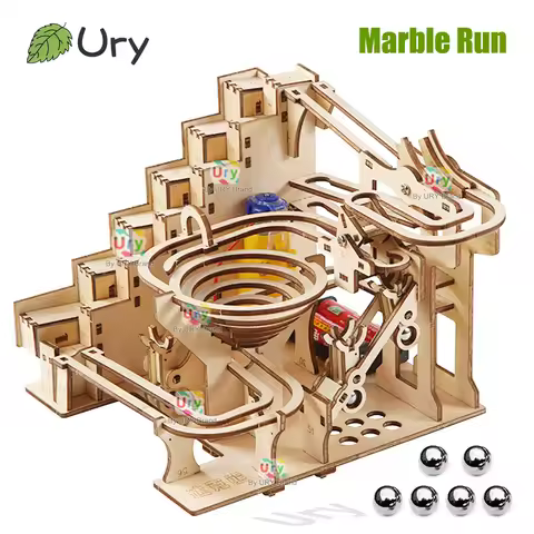 Ury 3D Wooden Puzzles Electric Staircase Track Device Marble Run Set Mechanical Model Science Maze 6