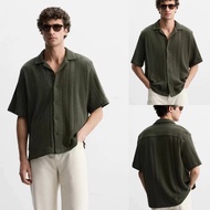 2025 Summer New Mens Green Casual Fashion Loose Striped Texture Short Sleeve Shirt Shirt Shirt 48403