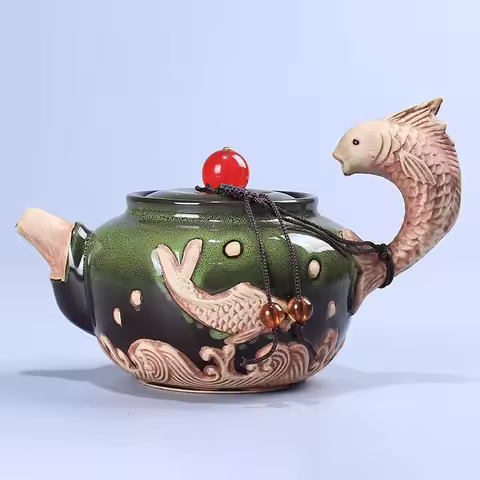 Ceramic glaze Ceramic Teapot Red art agate tea pot 3D carp Flower Puer Tea Pot 210ml Porcelain Kungf