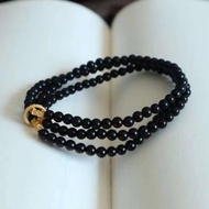 天然和田玉 /和闐玉原礦墨玉 純銀圓管純銀跑環設計多圈手串