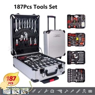 WISDOM 187Pcs Tools Set, Wheeled Trolley Carbon Steel Tool Box Set, Portable Professional Socket Wre