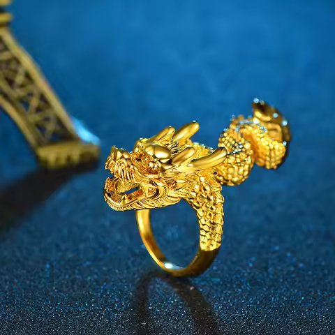 Dragon Head Open Ring Unisex 24K Gold AU999 - Rich gold dragon luster, hand-friendly open design, me