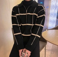 SEOULSHIRTS PREMIUM 🇰🇷 เสื้อคอปกไหมพรม แขนยาวตารางซิปครึ่ง กันหนาว ผ้าหนา ทรงโอเวอไซส์ สีพื้น สไตล์เ