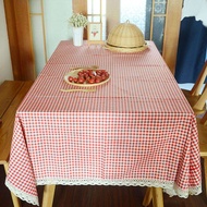 Shuaicai ผ้าปูโต๊ะลายสก๊อตสีแดงปกตารางลูกไม้ขอบรับประทานอาหารผ้าฝ้ายผ้าลินินผ้าปูโต๊ะตกแต่งบ้าน