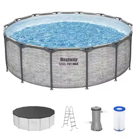 14ft x 48in Metal Frame Round Above Ground Swimming Pool Set with Filter Pump Ladder Cover, Outdoor
