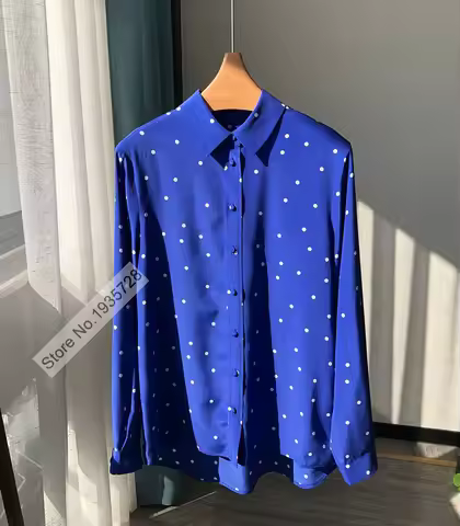 Ladies High-end Silk Contrast Polka Dots Printed Blouse Shirt Top